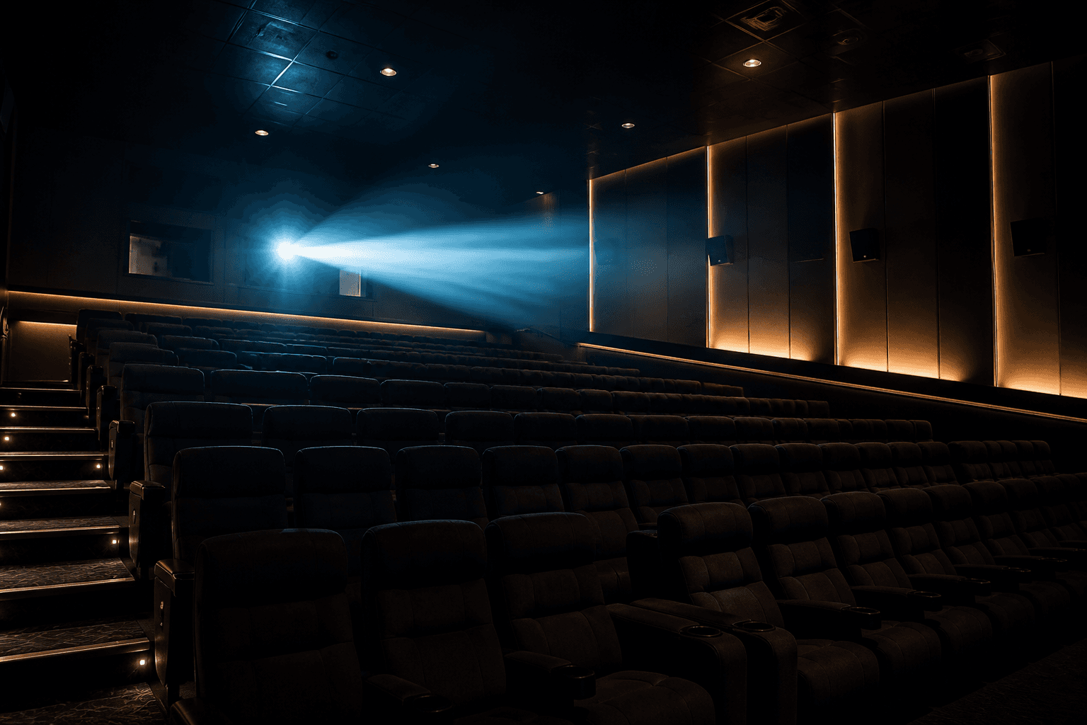 Salle de cinéma vide, faisceau de projecteur dans la brume.