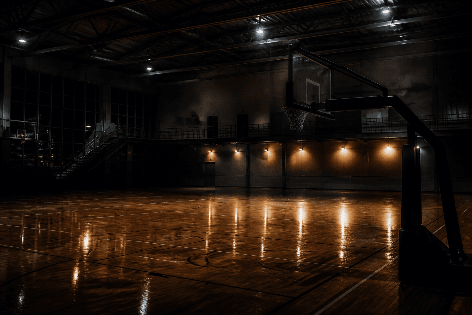 Terrain de basketball indoor, panier en silhouette sans marque.