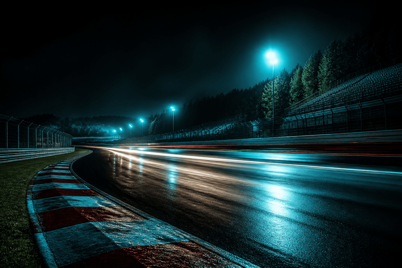 Virage de circuit de nuit, asphalte mouillé, sans marque de bolide.