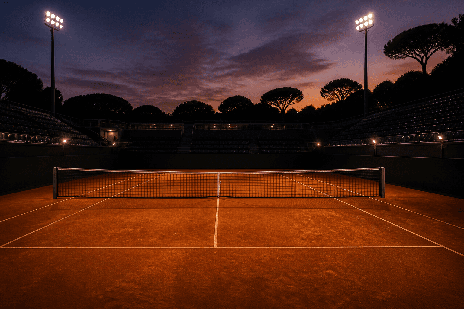 Court de tennis en terre battue au crépuscule, filet sans publicité.