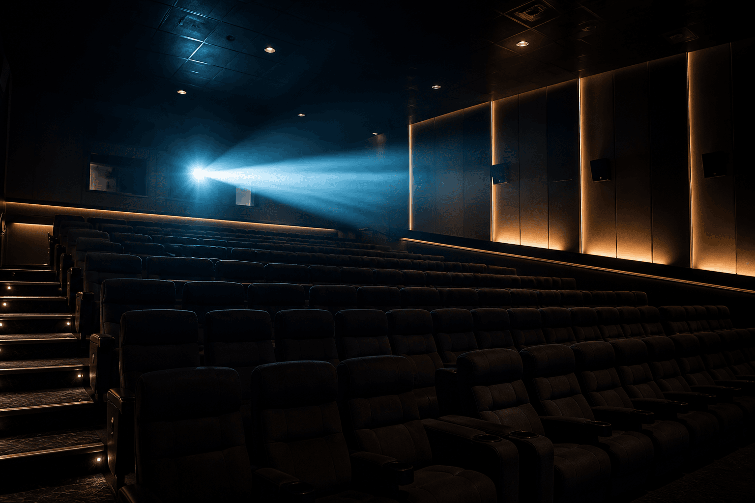 Salle de cinéma vide, faisceau de projecteur dans la brume.