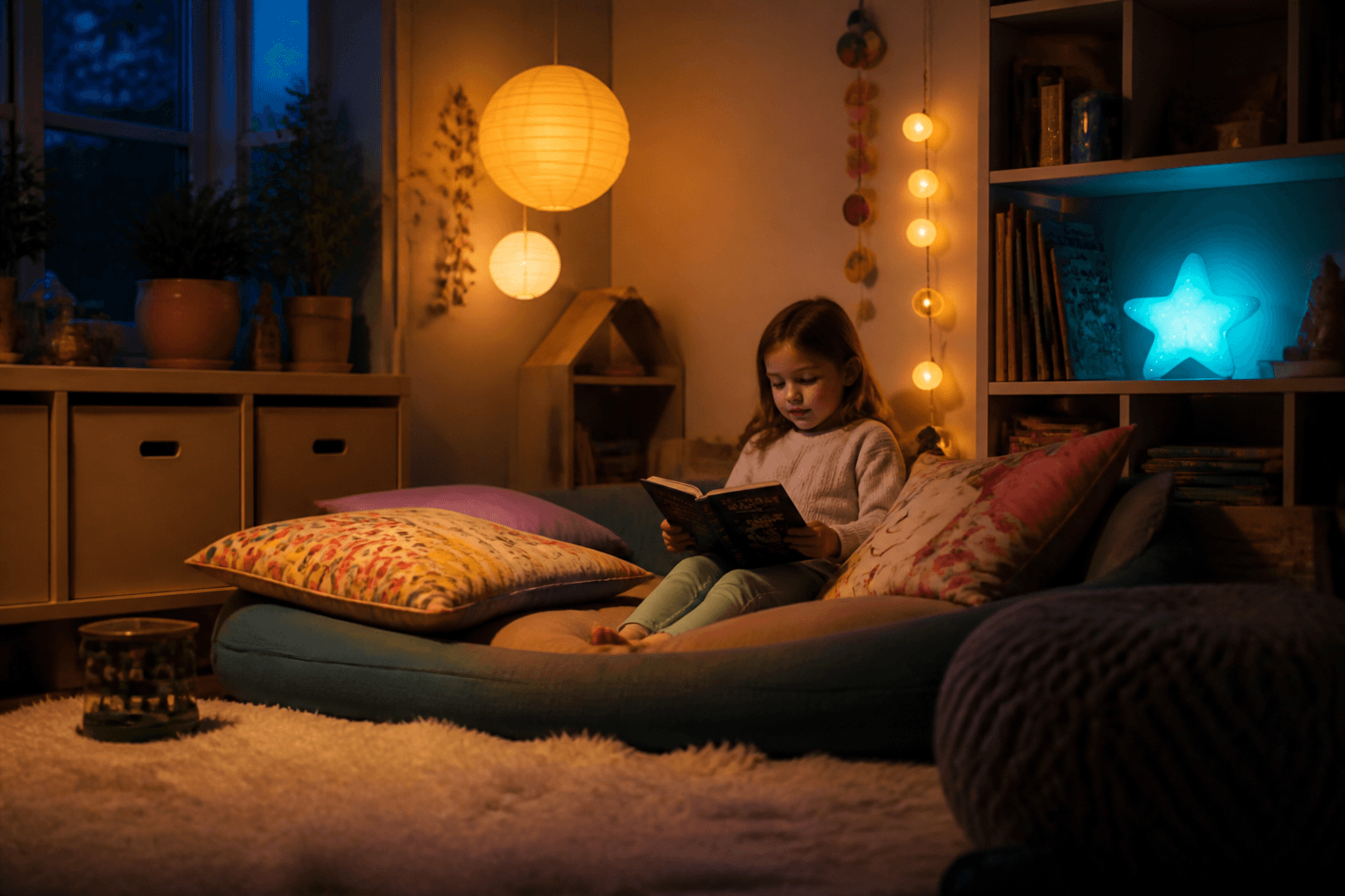 Intérieur domestique au crépuscule, lumière chaude, écran éteint en fond.
