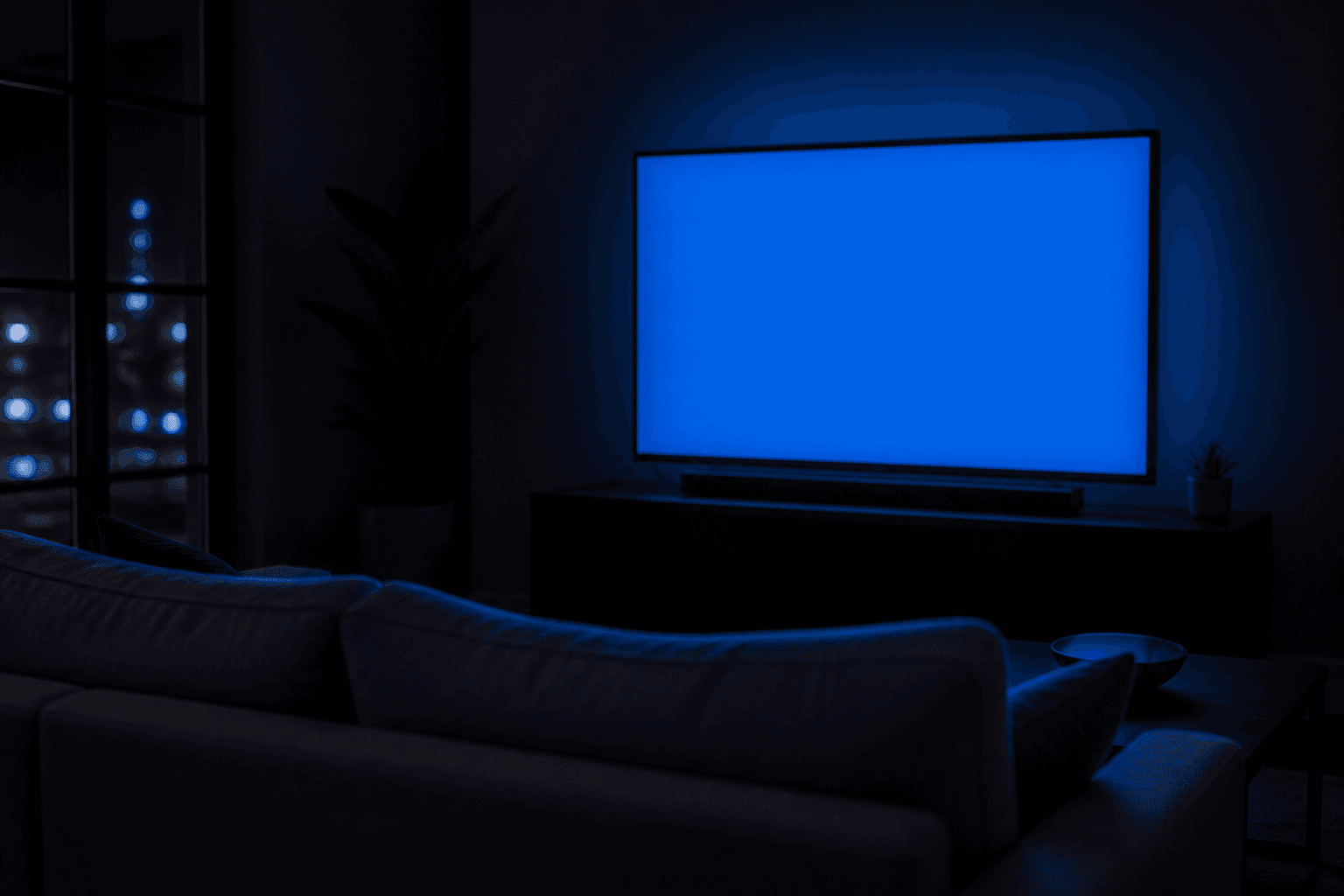 Salon le soir, fauteuils face à un écran lumineux, sans logo de marque.